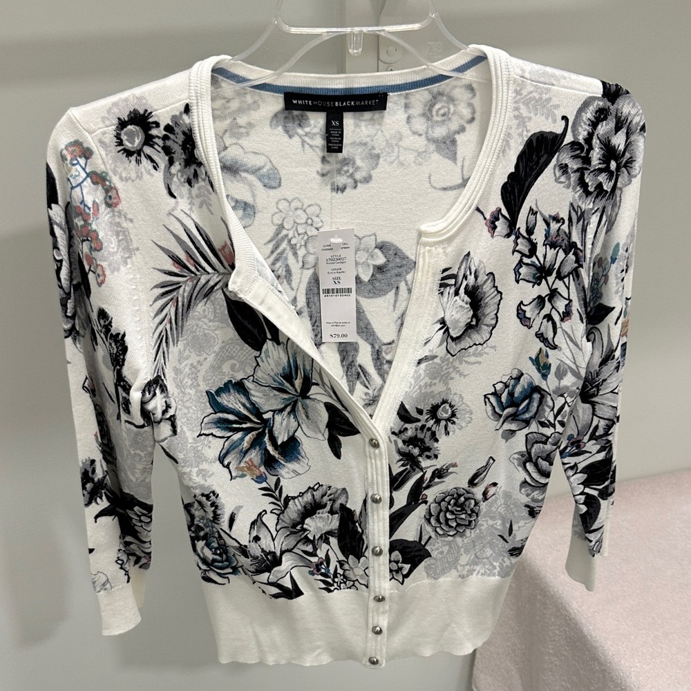 Floral Button Cardigan | Size XS | Color Ecru with Aquifer | WHBM